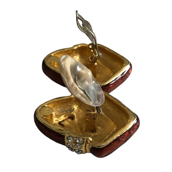 Vintage Clip Earrings Bronze Gold Enamel Rhinestone Crystal Chunky 1980s - Picture 3 of 8